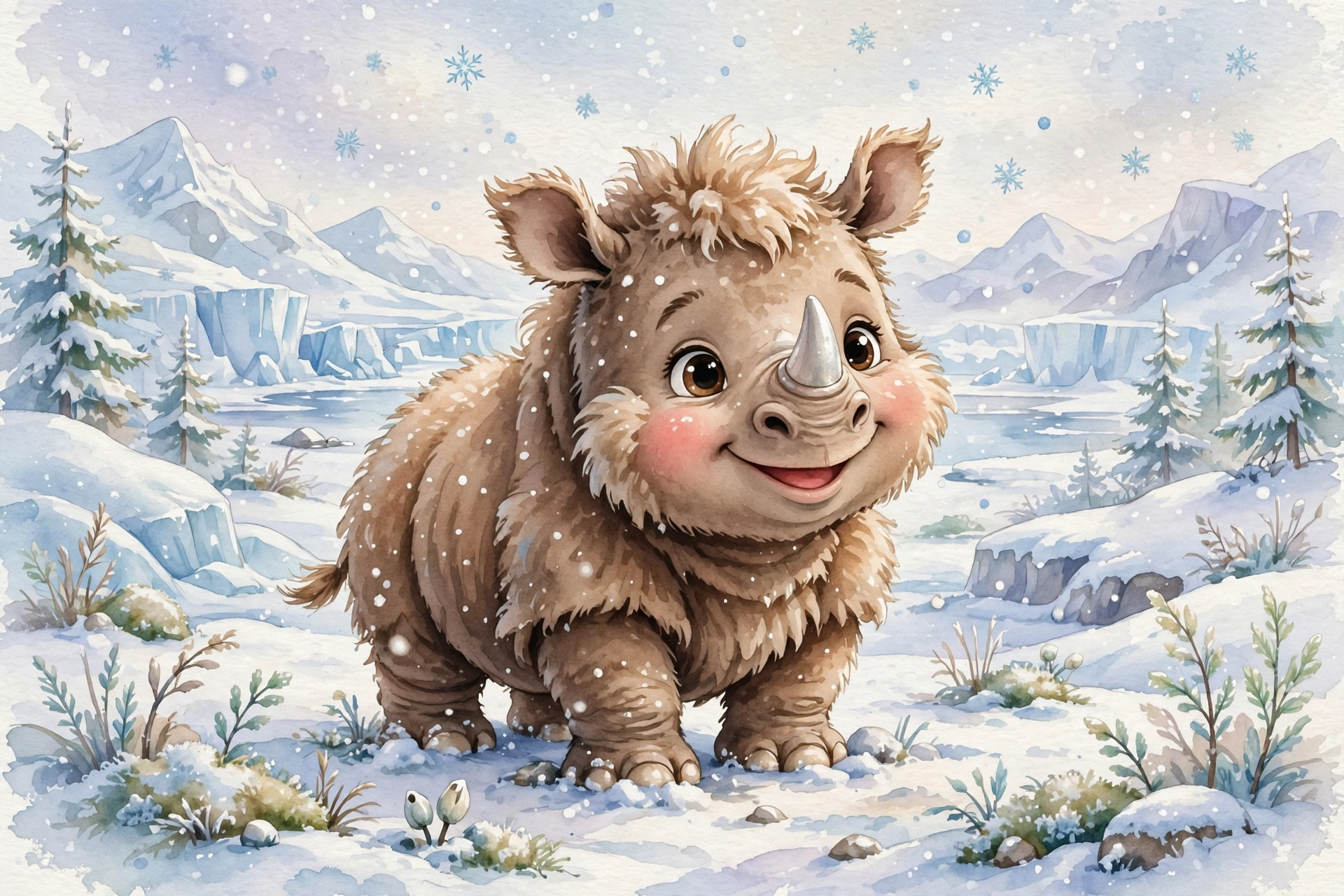 Rory the woolly rhinoceros in the snow